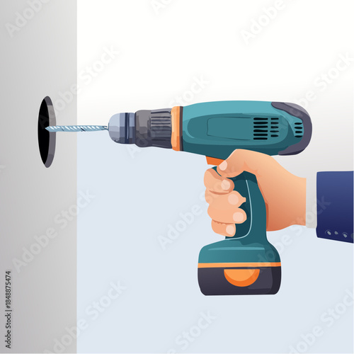 Gros plan sur la main d'un homme tenant une perceuse et faisant un trou dans un mur, travaux, bricolage, rénovation, outil