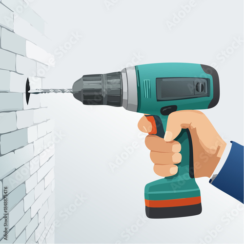 Gros plan sur la main d'un homme tenant une perceuse et faisant un trou dans un mur, travaux, bricolage, rénovation, outil