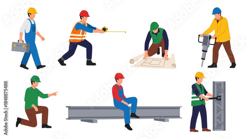 Construction workers in action, engaged in various tasks on a building site