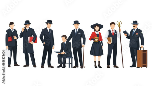 A collection of distinguished gentlemen and ladies in formal attire, evoking a sense of timeless elegance and sophisticated style