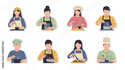 A vibrant collection of diverse individuals, from professional chefs to home cooks, diligently preparing and mixing food with kitchen tools, embodying culinary creativity and the joy of cooking