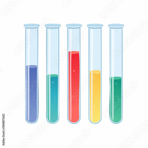 Plusieurs éprouvettes, tubes à essai, remplis de liquide de couleurs différentes, chimie, biologie, isolé sur fond blanc 