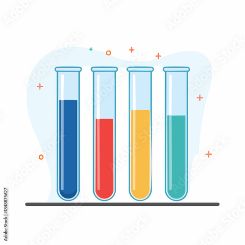 Plusieurs éprouvettes, tubes à essai, remplis de liquide de couleurs différentes, chimie, biologie, isolé sur fond blanc 