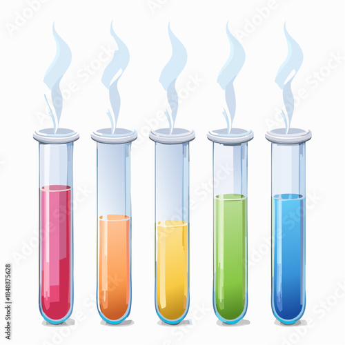 Eprouvettes, tubes à essais fumants, liquides colorés, chimie, biologie, science, isolé sur fond blanc