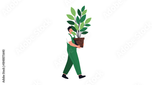 Dedicated gardener in green overalls thoughtfully carries a large, vibrant potted plant, symbolizing a connection to nature, sustainable living, and the joy of home gardening