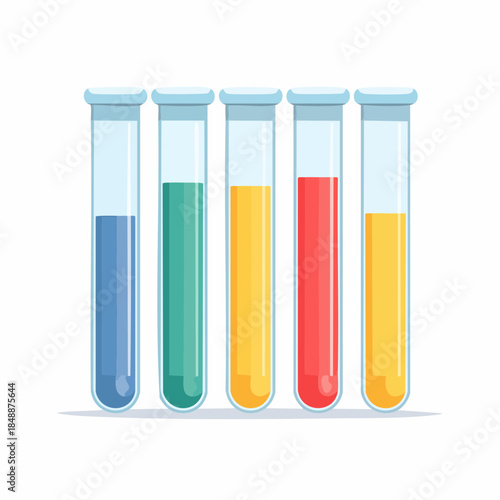 Plusieurs éprouvettes, tubes à essai, remplis de liquide de couleurs différentes, chimie, biologie, isolé sur fond blanc 