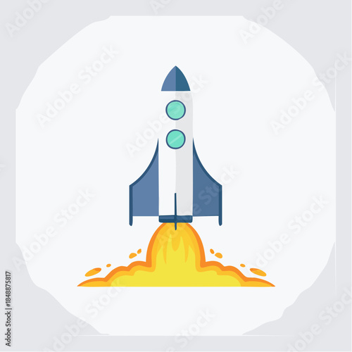 Jolie fusée au décollage, flammes, conquête spatiale, isolé sur fond blanc 