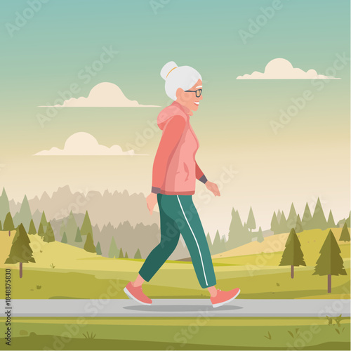 Une grand-mère en survêtement de sport, fait de la marche dans la nature, bien-être, santé, extérieur, sénior