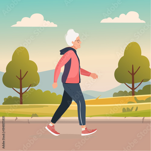 Une grand-mère en survêtement de sport, fait de la marche dans la nature, bien-être, santé, extérieur, sénior
