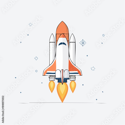 Décollage navette spatiale, flammes, isolé sur fond blanc