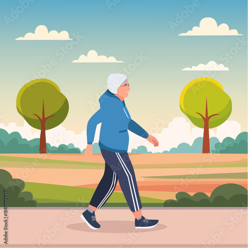 Une grand-mère en survêtement de sport, fait de la marche dans la nature, bien-être, santé, extérieur, sénior