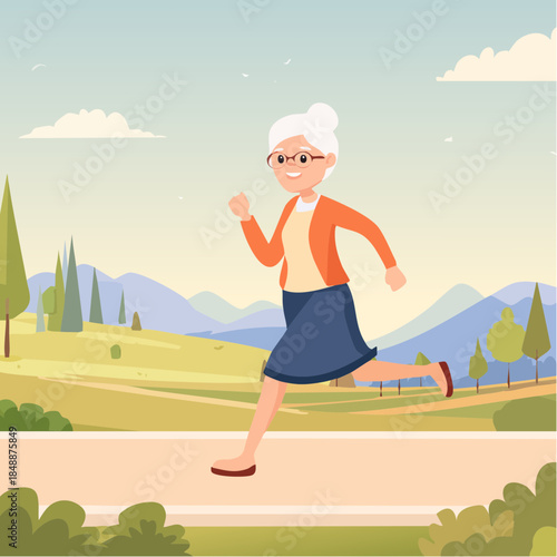 Illustration vectorielle d’une personne âgée faisant du jogging en plein air, grand-mère, nature