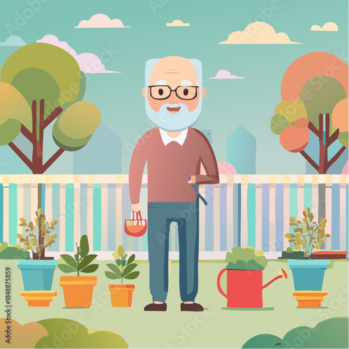 Homme âgé jardinant, plantes, gazon, ciel bleu