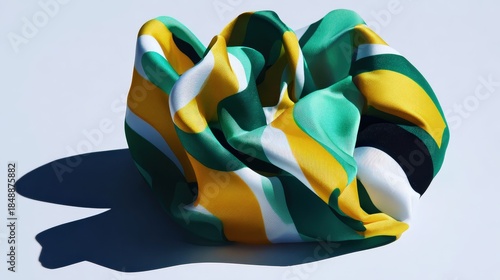 Smooth, voluminous textile object displays bright, flowing abstract color patterns against a light background.