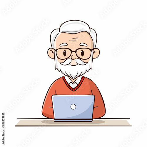 Grand-père utilisant un ordinateur portable, barbe blanche, lunettes, sénior actif, isolé sur fond blanc