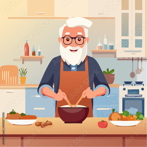 Grand-père vue de face en train de cuisiner, loisir, sénior, retraité, barbe et cheveux blancs, tablier de cuisine, lunettes, positif, souriant