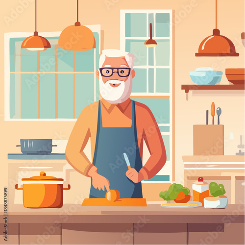 Grand-père vue de face en train de cuisiner, loisir, sénior, retraité, barbe et cheveux blancs, tablier de cuisine, lunettes, positif, souriant