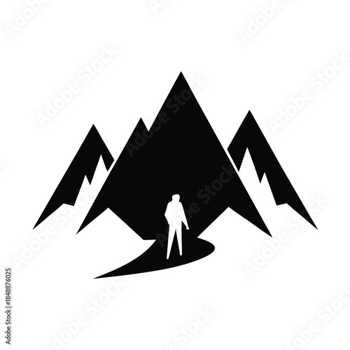 Solo Hiker Walking Through Mountains Symbolizing Exploration Courage And Self Discovery Line Art Vector illustration