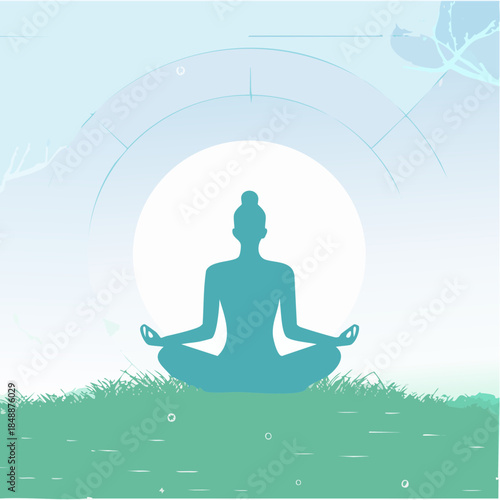 Illustration teinte bleue et verte sur fond blanc, silhouette féminine assise en train de méditer en position du Lotus, zen, yoga, méditation.