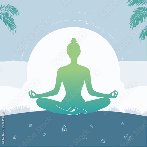 Illustration teinte bleue et verte sur fond blanc, silhouette féminine assise en train de méditer en position du Lotus, zen, yoga, méditation.