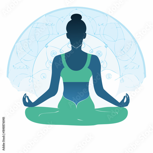 Illustration teinte bleue et verte sur fond blanc, silhouette féminine assise en train de méditer en position du Lotus, zen, yoga, méditation.