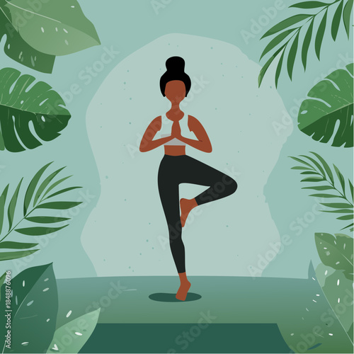 Jeune femme noire en position de yoga debout, très jolie illustration stylisée, fond vert clair, végétation ,zen