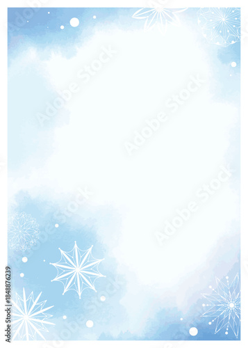 Vertical winter template with snowflakes on watercolor background. Soft blue wash. Blank template for cover, brochure, flyer, or advertisement. Vector graphics