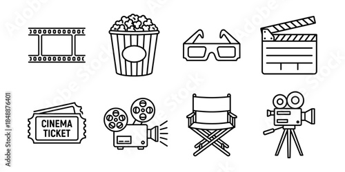 Cinema and movie night line icons set, film entertainment elements