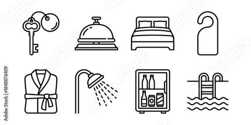 Hotel service line icons set, hospitality amenities outline