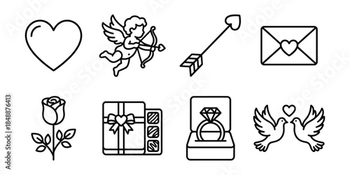 Valentines day line icons set, romantic gifts outline