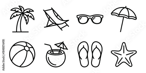 Beach vacation line icons set, summer travel outline