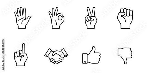 Hand gestures line icons set, communication signs outline symbols