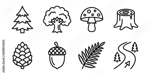 Forest nature line icons set, woodland elements outline symbols