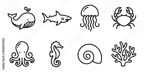 Sea animals line icons set, ocean life outline symbols