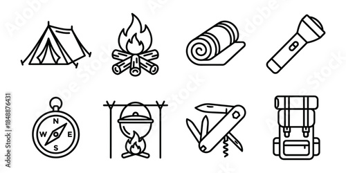 Camping equipment line icons set, hiking adventure outline symbols