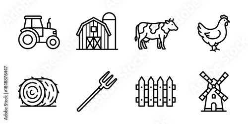 Farm agriculture line icons set, countryside livestock outline symbols
