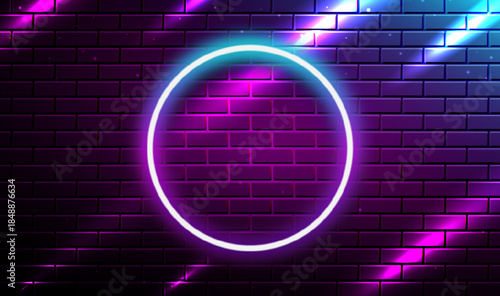 Neon light frame shining on brick wall background. .