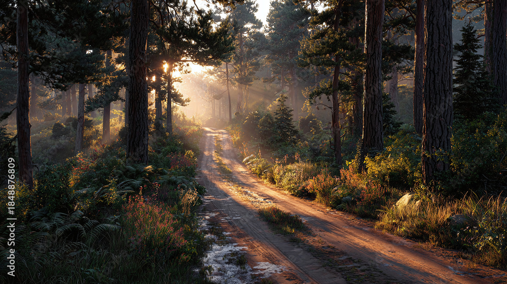 Fototapeta premium A sunlit forest path leads into the distance, with rays of light streaming through the trees. The scene evokes a sense of tranquility and mystery.