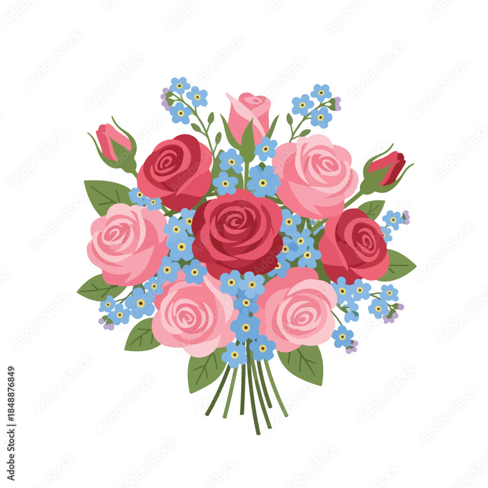 Fototapeta premium Illustration of a bouquet of roses and flowers in a beautiful arrangement