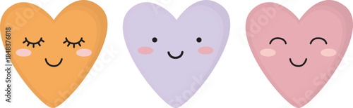 Cute pastel hearts with smiling faces. Charming elements for Valentine’s Day