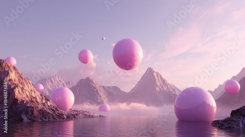 Multiple iridescent pink spheres float above a calm body of water surrounded by jagged mountain peaks at twilight