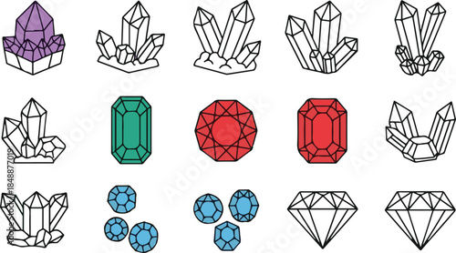 Colorful Gemstone Illustrations Set with Crystals and Stones