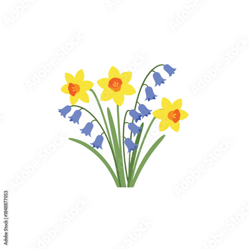 A bouquet of flowers including daffodils and bluebells in a simple vector illustration style