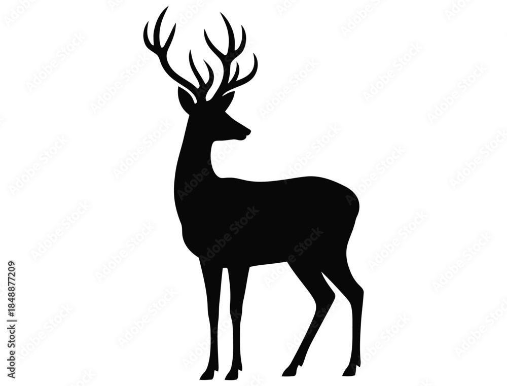 Fototapeta premium Standing Deer Silhouette, Stag Antlers Wildlife Vector