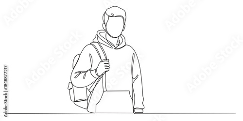 Continuous single line sketch drawing art of college campus student man with bag backpack. Editable stroke vector illustration