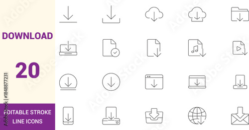 Download line icons set with editable stroke, clean outline symbols for files, cloud, documents, media and data transfer, perfect for UI UX, web apps, dashboards and interfaces.