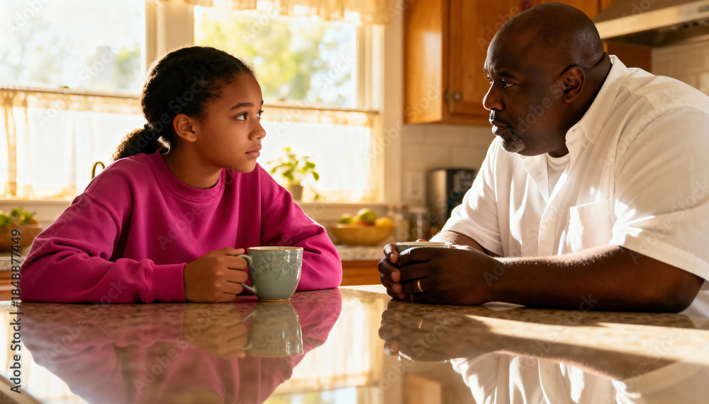 Obraz premium African American father having a serious conversation with his daughter in the kitchen. Parent giving guidance and advice to his preteen child at home. Family communication and support concept