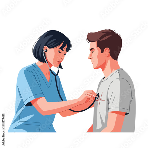 A female doctor examines a young man's heart rate with a stethoscope in a clinical setting
