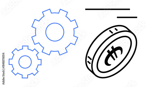 Blockchain, digital economy, financial systems, cryptocurrency development, fintech, process innovation. Gear mechanisms and Bitcoin coin illustration. Blockchain and digital economy