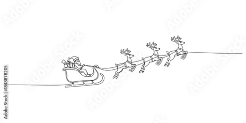 Santa Claus in sleigh with flying reindeer drawn in continuous one line style representing Christmas journey on minimal style